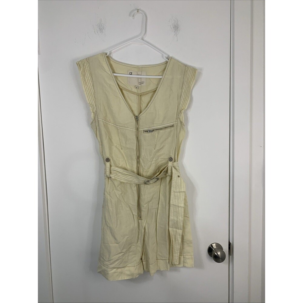 Anthropologie Pilcro‎ Belted V-Neck Romper Cream Linen Blend Size S